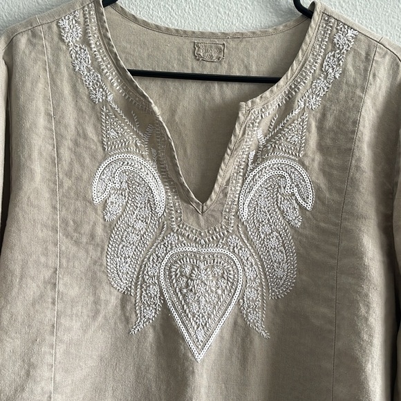 Symple NYC Tan Linen Sequined Embroidered 3/4 Sleeve Blouse Top - Picture 3 of 7